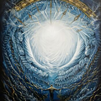 Peinture intitulée "Cosmic Embrace Pain…" par Yerkezhan Kamentayeva, Œuvre d'art originale, Huile