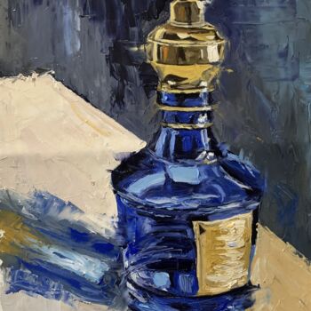 Schilderij getiteld "Cobalt Decanter." door Vita Schagen, Origineel Kunstwerk, Olie Gemonteerd op Frame voor houten brancard