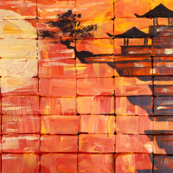 Collages titled "Twilight Pagodas. P…" by Nadia Krashevska, Original Artwork, Acrylic Mounted on Cardboard