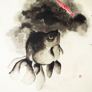 Painting titled "Golden fish and shr…" by Kseniia Dueva, Original Artwork, Ink
