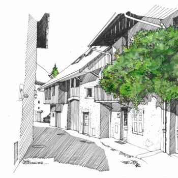 Drawing titled "DUINGT - VILLAGE 2" by Alain Rouschmeyer, Original Artwork, Ink