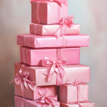 "Pink Present Pile:…" başlıklı Dijital Sanat 春宇 关 tarafından, Orijinal sanat, AI tarafından oluşturulan görüntü Ahşap panel…