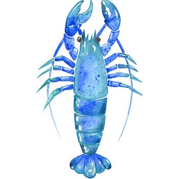 Digital Arts titled "Blue Lobster Waterc…" by Chun Yu Guan, Original Artwork, AI generated image Mounted on Wood Panel