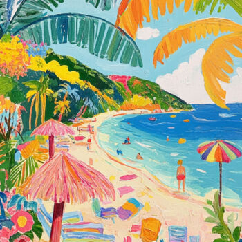 "Vibrant Tropical Be…" başlıklı Dijital Sanat 春宇 关 tarafından, Orijinal sanat, AI tarafından oluşturulan görüntü Ahşap panel…