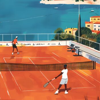 Arts numériques intitulée "Coastal Tennis: Sum…" par Chun Yu Guan, Œuvre d'art originale, Image générée par l'IA Monté sur P…
