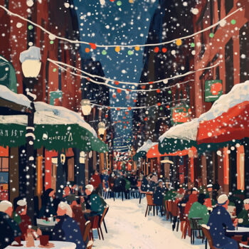 Digital Arts titled "Snowy Night Market…" by Chun Yu Guan, Original Artwork, AI generated image Mounted on Wood Panel