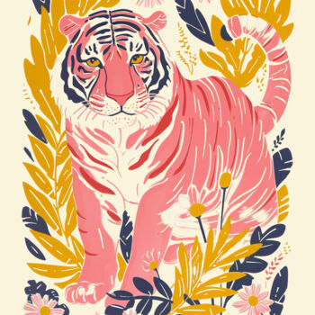 数字艺术 标题为“Pink Tiger in Flora…” 由春宇 关, 原创艺术品, AI生成的图像 安装在木板上