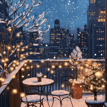 "Snowy City Balcony…" başlıklı Dijital Sanat 春宇 关 tarafından, Orijinal sanat, AI tarafından oluşturulan görüntü Ahşap panel…