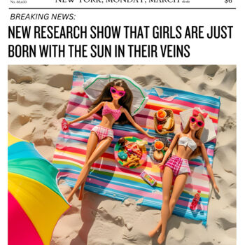 Arts numériques intitulée "Barbie Beach Day Gi…" par Chun Yu Guan, Œuvre d'art originale, Image générée par l'IA Monté sur P…