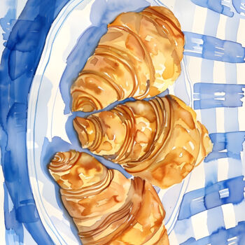Digital Arts titled "Watercolor Croissan…" by Chun Yu Guan, Original Artwork, AI generated image Mounted on Wood Panel
