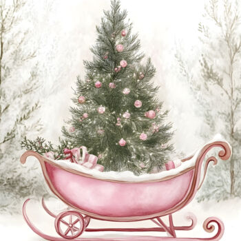 "Pink Sleigh Christm…" başlıklı Dijital Sanat 春宇 关 tarafından, Orijinal sanat, AI tarafından oluşturulan görüntü Ahşap panel…