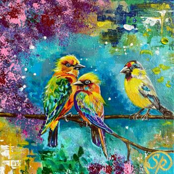 Painting titled "Three birds on a br…" by Samiya Rani, Original Artwork, Acrylic Mounted on Wood Stretcher frame