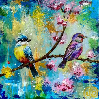 Painting titled "Two birds on a bran…" by Samiya Rani, Original Artwork, Acrylic Mounted on Wood Stretcher frame
