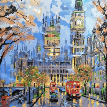 Painting titled "Evening London. Big…" by Bast, Original Artwork, Acrylic Mounted on Wood Panel