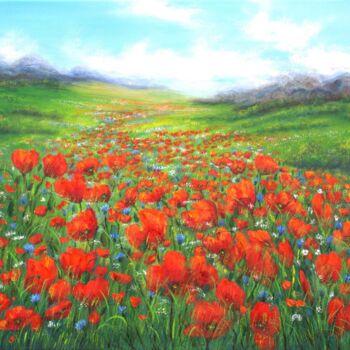 Peinture intitulée "Poppy field in summ…" par Ludmilla Ukrow, Œuvre d'art originale, Huile Monté sur Châssis en bois