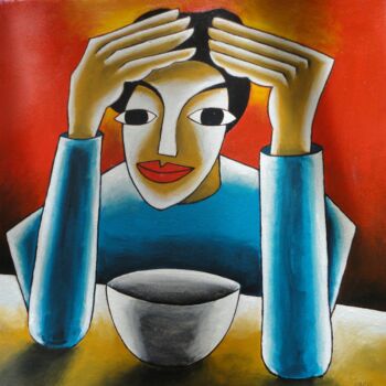 Drawing titled "l'Homme au bol 2" by Stephane Carel, Original Artwork, Oil