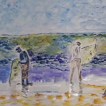 Painting titled "Pêcheurs de crevett…" by Jean-Marc Subira, Original Artwork, Acrylic Mounted on Cardboard