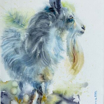 Peinture intitulée "Star Goat" par Artsilviia, Œuvre d'art originale, Aquarelle