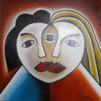 Painting titled "Rencontre fusionnel…" by Stephane Carel, Original Artwork, Oil Mounted on Wood Stretcher frame