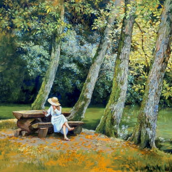 Painting titled "Under the old linde…" by Simanolya, Original Artwork, Oil Mounted on Wood Stretcher frame