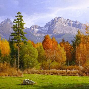 Painting titled "Autumn contrasts" by Emil Mlynarcik, Original Artwork, Oil Mounted on Wood Stretcher frame