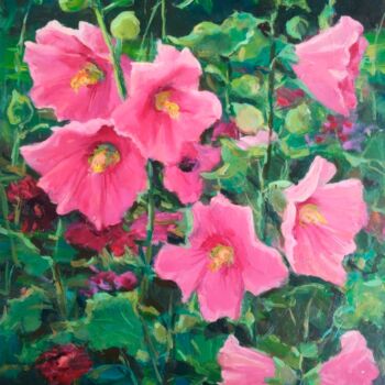 Peinture intitulée "Hollyhocks" par Mariya Zhakupova, Œuvre d'art originale, Huile