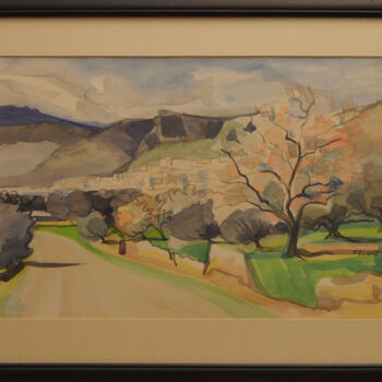 Painting titled "Crète, amandiers" by Fabienne Blanc, Original Artwork, Watercolor Mounted on Cardboard