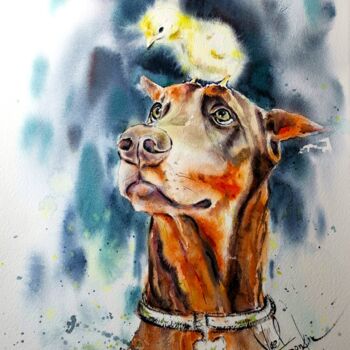 Painting titled "Dog and Bird Waterc…" by Yael Natali Sonkin, Original Artwork, Watercolor