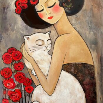 "Woman with a cat ne…" başlıklı Tablo Natalia Piarno tarafından, Orijinal sanat, Petrol