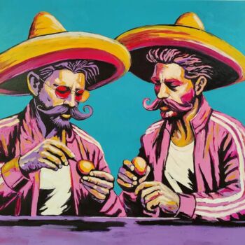 Schilderij getiteld "Men with Eggs" door Serge Bereziak, Origineel Kunstwerk, Acryl Gemonteerd op Frame voor houten brancard