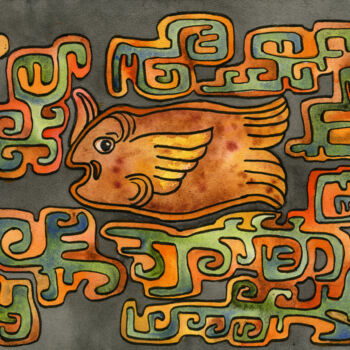 Pintura intitulada "The fish" por Delhar Despana, Obras de arte originais, Aquarela