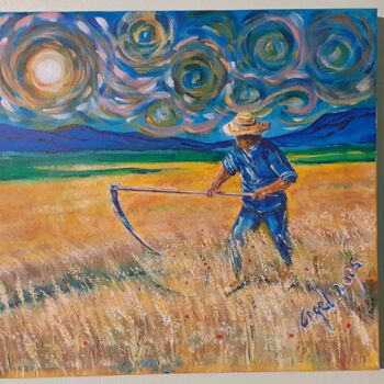 Painting titled "Azul-amarillo" by Angel Rey, Original Artwork, Acrylic Mounted on Wood Stretcher frame