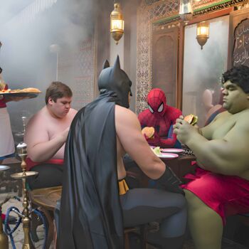 Digitale Kunst mit dem Titel "Le repas des supers…" von Farouk Ferrah, Original-Kunstwerk, KI-generiertes Bild