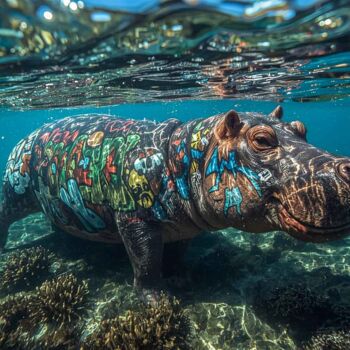 Digitale Kunst mit dem Titel "Un hippopotame sous…" von Farouk Ferrah, Original-Kunstwerk, KI-generiertes Bild