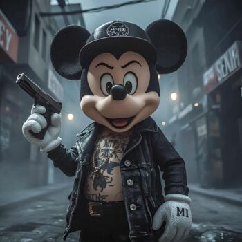 Digitale Kunst mit dem Titel "Mickey is a gangster" von Farouk Ferrah, Original-Kunstwerk, KI-generiertes Bild