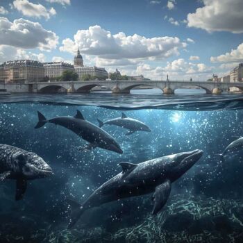 Digitale Kunst mit dem Titel "Paris sous l'eau 1" von Farouk Ferrah, Original-Kunstwerk, KI-generiertes Bild