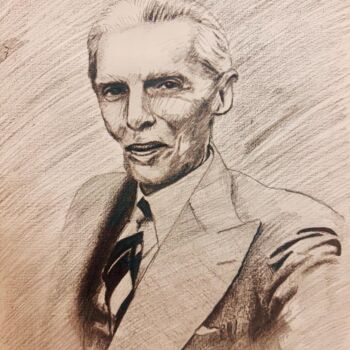Рисунок под названием "Quaid e Azam" - Ayesha Batool, Подлинное произведение искусства, Древесный уголь
