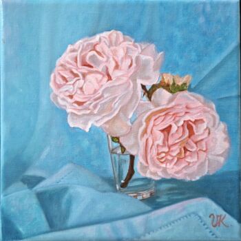 Painting titled "Soft Pink Roses in…" by Viktoria Köpnick, Original Artwork, Oil Mounted on Wood Stretcher frame