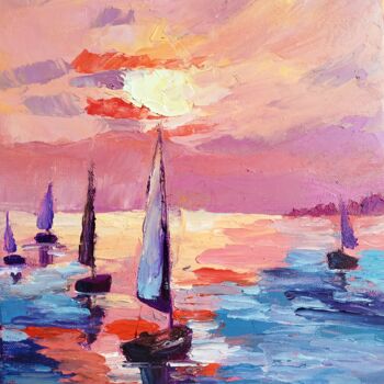 Malarstwo zatytułowany „Sunset at the Sea” autorstwa Mavira, Oryginalna praca, Olej Zamontowany na Drewniana rama noszy