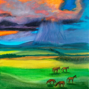 Malarstwo zatytułowany „Horses in the Meadow” autorstwa Mavira, Oryginalna praca, Olej Zamontowany na Drewniana rama noszy