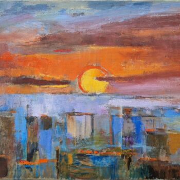 Peinture intitulée "Orange Sun Over the…" par Anatolij Goncarenko, Œuvre d'art originale, Huile Monté sur Châssis en bois