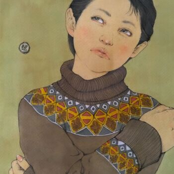 Painting titled "おもう　　（Thinking）" by Yoshiotetsu, Original Artwork, Acrylic