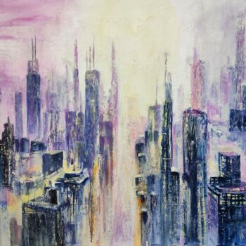 Painting titled "City in a Lilac Fog…" by Iren Troi, Original Artwork, Acrylic
