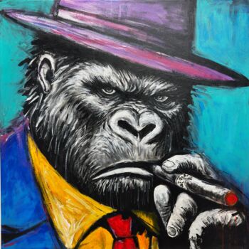 Schilderij getiteld "Gorilla Gangster" door Serge Bereziak, Origineel Kunstwerk, Acryl Gemonteerd op Frame voor houten branc…