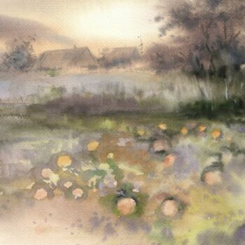 Painting titled "Evening in the vill…" by Alla Prisakar., Original Artwork, Watercolor