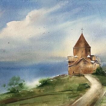 Painting titled "SEVAN LAKE SERENITY…" by Mkate, Original Artwork, Watercolor