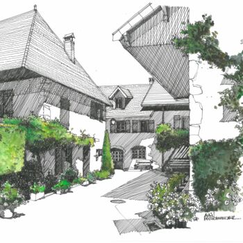 Drawing titled "DUINGT - Village 4" by Alain Rouschmeyer, Original Artwork, Ink