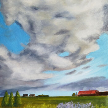 Malarstwo zatytułowany „Clouds over the Fie…” autorstwa Mavira, Oryginalna praca, Olej Zamontowany na Drewniana rama noszy