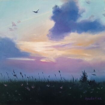 Peinture intitulée "Bird over the Lilac…" par Inna Agadullina, Œuvre d'art originale, Huile Monté sur Carton