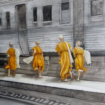 Malerei mit dem Titel "Bangkok" von Yannick Civel, Original-Kunstwerk, Tinte Auf Holzplatte montiert